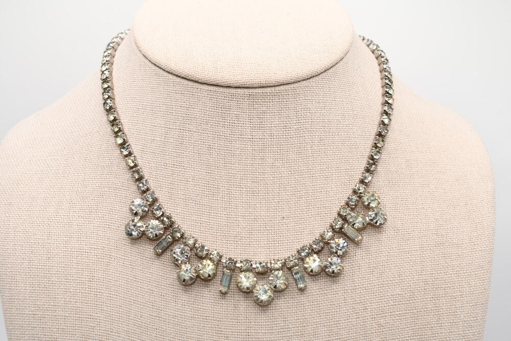 Vintage Garne Rhinestone Choker Necklace Silver Tone 1950s 15"